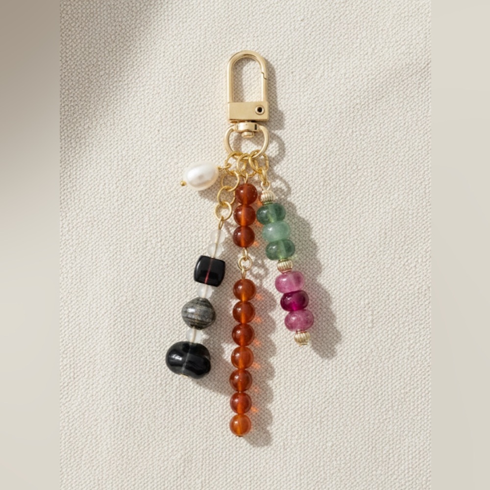 Heirloom Stone Multicolor Rondelle Beaded Bag Charm Keychain with Real Pearl